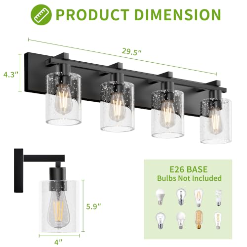 Image of Bathroom Vanity Light, 4 Light Matte Black Light Fixture with Thickened Seeded Glass Shade, 30 inch Modern Wall Sconce,Vanity Lights Over Mirror for Bathroom