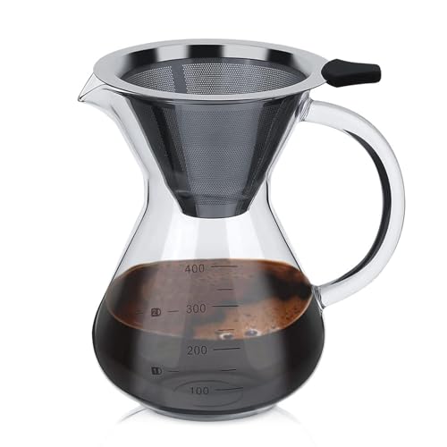 HERCHR Pour Over Kaffeemaschine, Pour Over Kaffeebereiter Mit Edelstahlfilter, Kaffeemaschine Karaffe Kaffeefilter Kaffee Edelstahl Handfilter, Manuelle Tropfkaffeemaschine (400ml)
