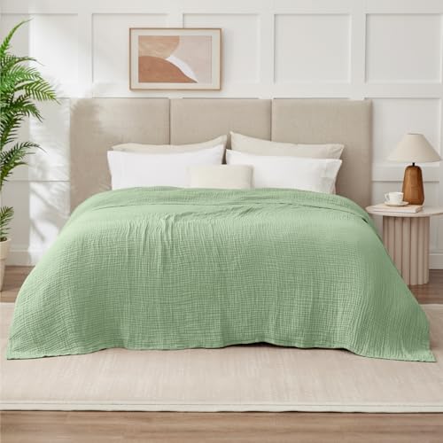 Image of 100% Cotton Muslin Blanket Queen 90 inch x 90 inch, 6 Layers Breathable and Lightweight Cotton Throw Blanket for Bed, Soft Quilt Bedspread Coverlet, Gauze Blanket for Adults All Season, Sage Green