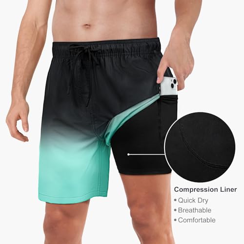 Image of Mens Swim Trunks with Compression Liner 2 in 1 Quick Dry Swimming Shorts Swimwear Bathing Suits with Pockets