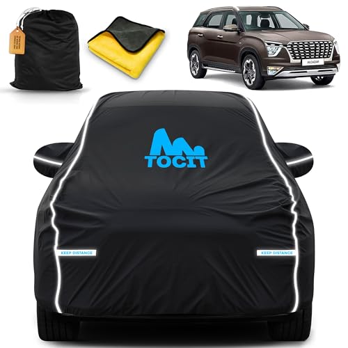 Image of Hyundaii Alcazar Waterproof Long Life Car Cover with Safety Glow Reflective Strap, Premium Velvet Velour Fabric, Soft & Stretchable, Machine Washable, Tri-Stitch Custom Fit with Mirror Pocket