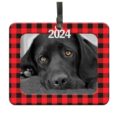 Photo Ornaments for Christmas Tree, Classic Red and Black Buffalo Plaid Christmas Frame Ornament, Easy-Load Magnetic Design, with Satin Ribbon, 2024 Silver Charm Plus Photo Protector, Horizontal