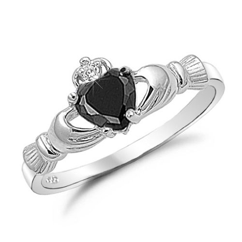 Kriskate & Co. Irish Claddagh Ring .925 Sterling Silver with Simulated Black Stone Heart Promise Ring Size 9