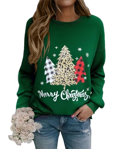 Lonya Weihnachts Sweatshirt Damen Weihnachtspullover Lustiges Xmas Druck Casual Rundhals Langarmshirt Cozy Party Pulli Weihnachtsbaum-Grün,M