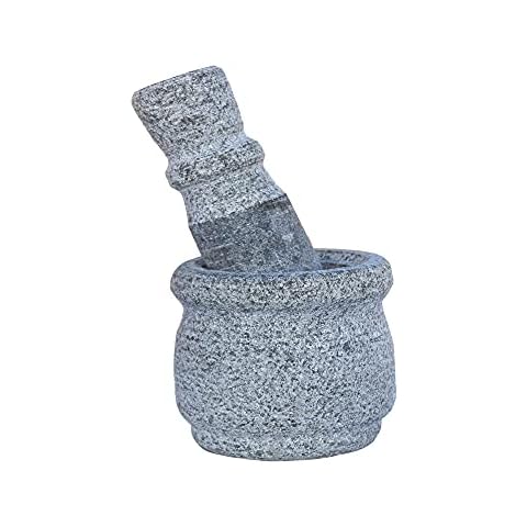 MYNAKSHA Mortar and Pestle Set Stone 4inch Greay Cover