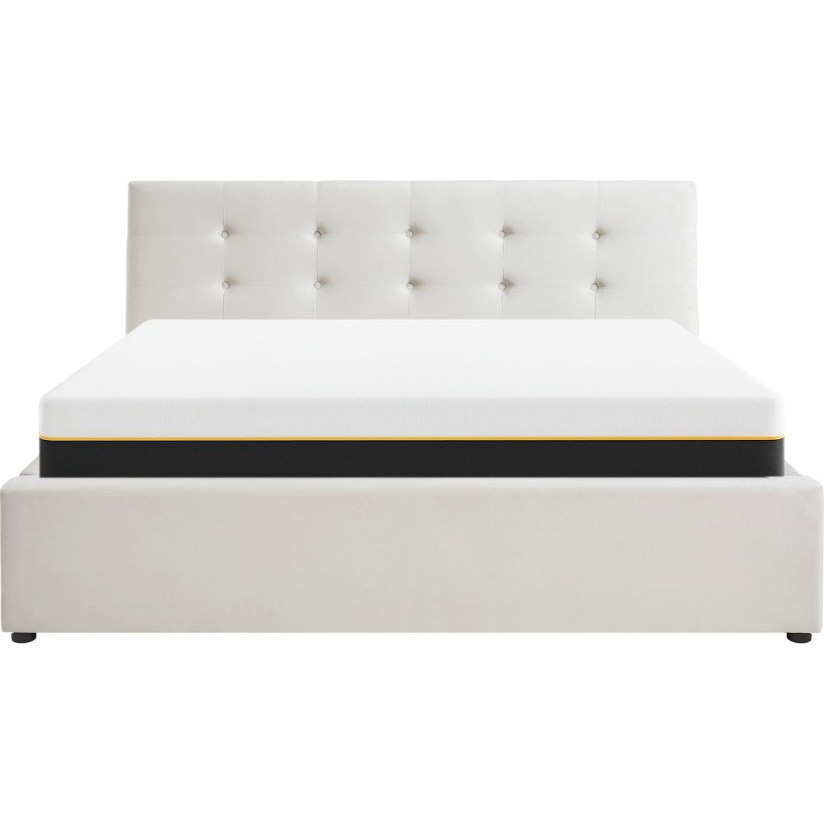 HOMIFAB Ensemble Lit Coffre Adulte 140x190cm avec tête de lit en Velours Beige - Tina + Matelas mémoire de Forme - Dual Confort