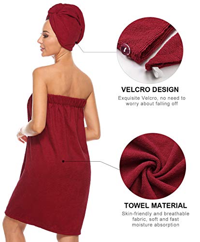 Vislivin Women's Towel Robe Spa Wrap & Hair Towel Bathrobe With Adjustable Closure - Wine Red L - Image 3
