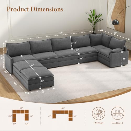 Image of Vesgantti Large Modular Sectional Sofa, Big Comfy Cloud Couch with Ottoman Deep Seat Chenille Cloud Sofa, 8 Seater Large Sectional Couches for Living Room, Bedroom and Apartment, Gray