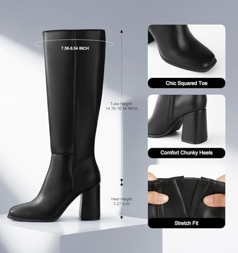 Ankis Knee High Boots for Women Squared Toe Chunky High Heel with Side Zipper Long Boots3