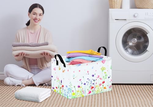 Image of Baby Storage Basket Nursery Box Laundry Hamper Organization Bins for Toys and Clothes with Handles (Blue Flower)