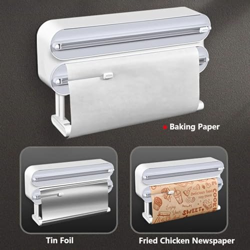 Distributeur de film étirable 3 en 1 avec cutter, support mural de cuisine pour emballage plastique, feuille d'étain, papier ciré