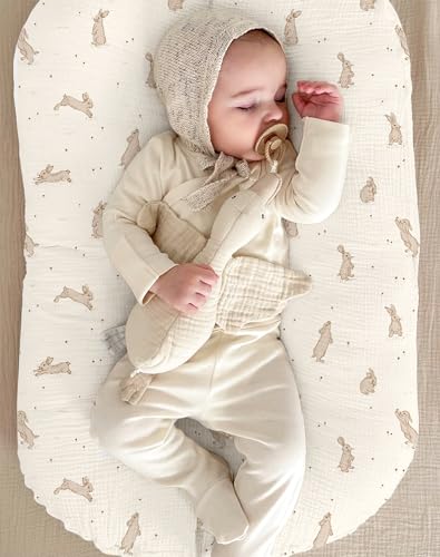 Image of Muslin Baby Lounger Cover 2 Pack, Soft Breathable Newborn Lounger Pillow Cover for Boys Girls Infant (Hopping Bunnies)