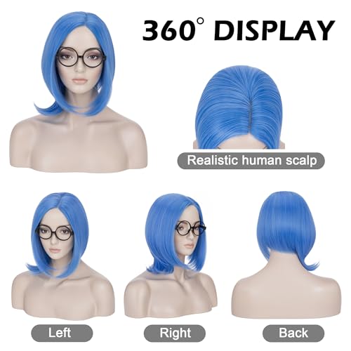 Image of S-noilite Blue Sadness Costume Wig with Glasses Short Blue Bob Wigs Synthetic Hair for Women Halloween Anime Cosplay Party