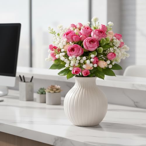 Image of Artificial Flowers Bunch for Home Decor Living Room, Peony Flower with Baby Breath, Decorative Items, Indoor Plants Alternative, Flower Bunch for Vase, 30 cm (Vase Not Included) (Pink Dark)