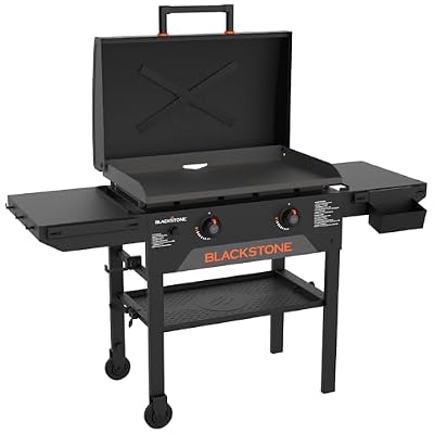Blackstone Original 28" Griddle, Outdoor Cooking Station with Built-In Hood, Black - Includes Extendable Side Shelves and Caster Wheels