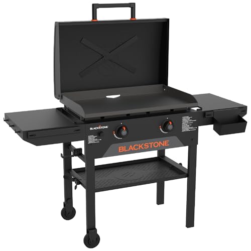 Blackstone Original 28' Griddle, Outdoor Cooking Station with Built-In Hood, Black - Includes Extendable Side Shelves and Caster Wheels