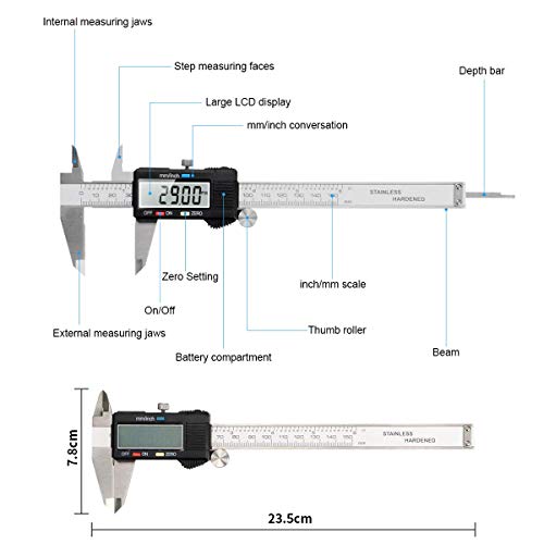 image for Caliper Measuring Tool, Qfun Vernier Digital Caliper Stainless Steel 6