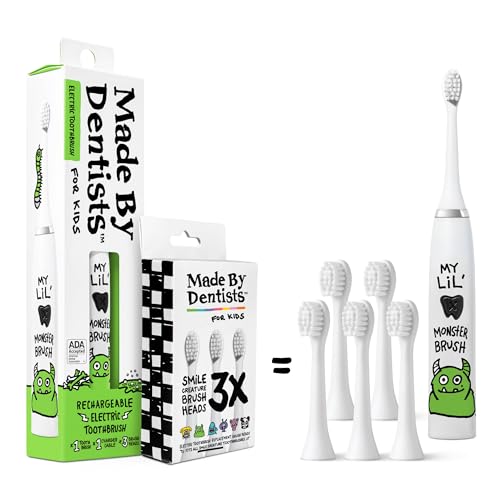 Made by Dentists Kids Electric Toothbrush - Rechargeable Vibrating Toothbrush with Timer, Includes 6 Replacement Heads, Gently Cleans Teeth, Kid & Toddlers Age 2+, Monster