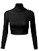 Kogmo Women's Lightweight Fitted Long Sleeve Turtleneck Crop Top with Stretch-M-BLACK
