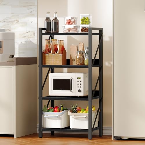 Image of HOOBRO Bookshelf, 4-Tier Industrial Bookcase, Book Shelf Storage Organizer, Small Bookshelf with Metal Frame for Living Room, Bedroom, Home Office, Kitchen, Black BB40SJ01