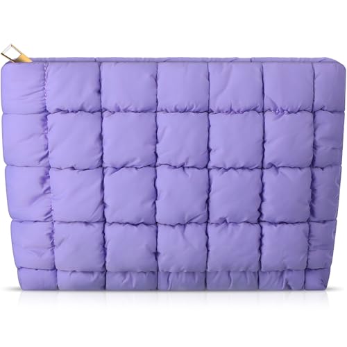 Hillban Puffy Quilted Makeup Bag Quilted Cosmetic Bag Cute Puffer Toiletry Checkered Pouch Aesthetic Travel Makeup Brushes Organizer(Purple,Classic)