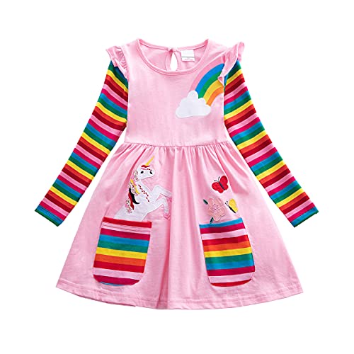 Kids Girls Long Sleeve Unicorn Dress Cartoon Pony Rainbow Printed Casual Dress Fall Winter Tunic Dresses