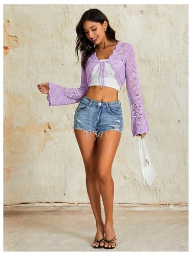 Image of OYOANGLE Women's Crochet Tie Front Sweater Cardigans Bell Sleeve Knitted Cropped Bolero Shrug Cardigan