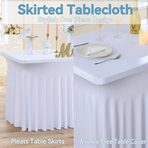 Image of NSSONBEN 6 Pack White Spandex Tablecloth for 6 Foot Rectangle Tables,Wrinkle Free High Stretch Fitted Table Cloths 6ft, Elastic Spandex Table Covers 6ft with Pleats Skirt for Party Wedding Banquet