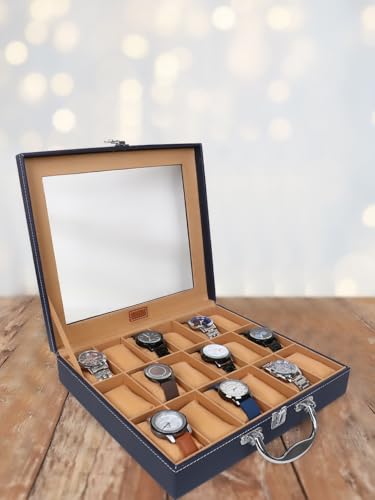 Image of LEDO Luxury Watch Box Organizer with 18 Slots, PU Leather Case, Transparent Display, Blue and Cream Interior, Metal Clasp Lock, Rectangular, Modern Classic Style