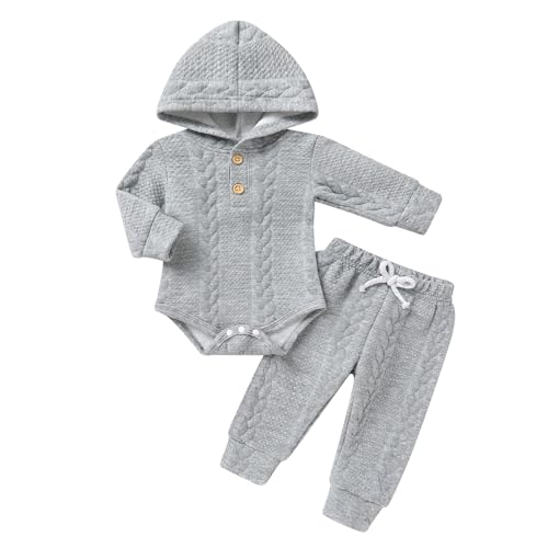 Image of YOUNGER TREE Newborn Baby Boy Girl Clothes Hooded Long Sleeve Romper Pants Set Solid Ribbed Infant Fall Winter Outfits
