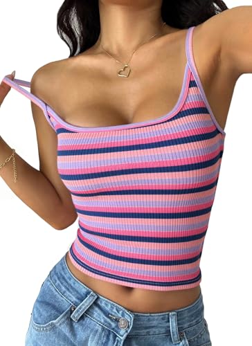 PRETTYGARDEN Women Summer Crop Tops Sleeveless Spaghetti Strap Tank Striped Cami Knit Y2K Clothes Slim Fit Spring Shirts(Pink,Large)