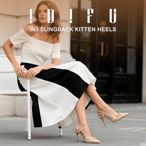 Image of IDIFU IN3 Slingback Kitten Heels for Women Stiletto Heel Closed Pointed Toe Pumps Buckle Straps Dress Shoes Sexy Prom Party Work Trendy Fashion Comfortable Pumps Dressy Shoes