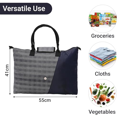 Image of Urbane Home Pack of 3 Foldable Shopping Bags For Women with 3 Small Pockets | Grocery /Vegetable Bags For Market | Blue,Brown & Grey