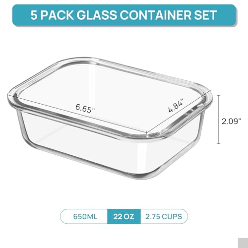 Vtopmart 5Pack 22oz Glass Storage Containers with Lids, Glass Meal Prep Food Container Sets with Snap Airtight Lids for Microwave, Oven, Freezer and Dishwasher