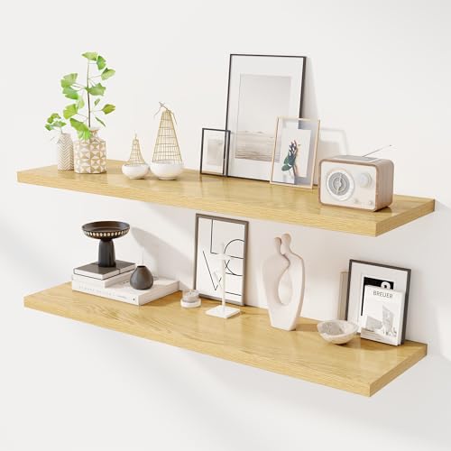 Image of Dreamland 48 inch Floating Shelves for Wall, 12 inch Deep Slim Oak Floating Shelves, Wall-Mounted Shelves for Bedroom, Living Room, Kitchen, Bathroom - Set of 2