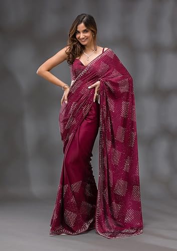 Image of TRENDMALLS Women's Silk Siroski Work Saree with Unstitch Blouse Piece