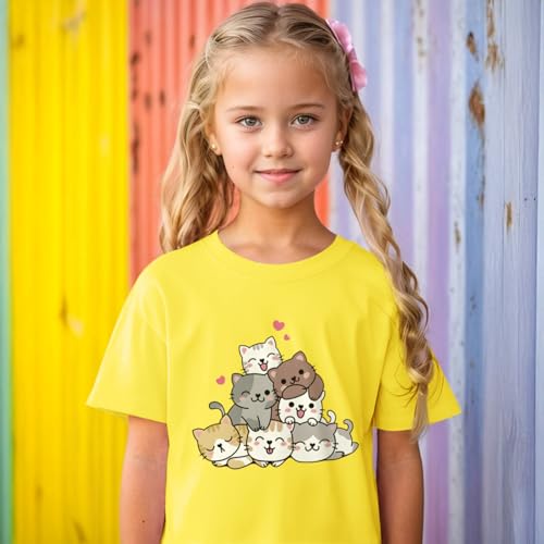 Image of KEEVICI Cute Cartoon Cat Shirts for Girls Kids Graphic Tees Kawaii Animal Pattern T Shirt Cotton Crewneck Summer Loose Tops