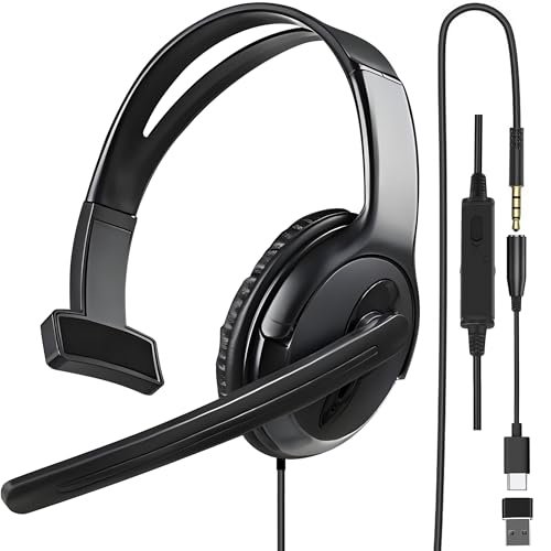 One Ear Gaming Headset with Mic (3.5mm) - Lightweight Single Ear Headset for PS5, PS4, Xbox, Switch, PC, Mac, iPad, Tablet - Includes USB-C & USB-A Adapters for Gaming, Remote Work & Business Calls
