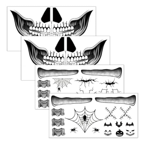 4 folhas tatuagens faciais de Halloween, tatuagens temporárias, tatuagens de caveira de Halloween, acessórios de cosplay impermeáveis de terror realistas, acessórios de Halloween