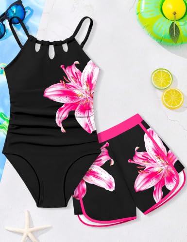 Image of KANGKANG Girls Swimsuit Quick Dry Cut Out One Piece Swimsuits with Tropical Print Cover Up Skirt Bathing Suit Swimwear 7-18Y