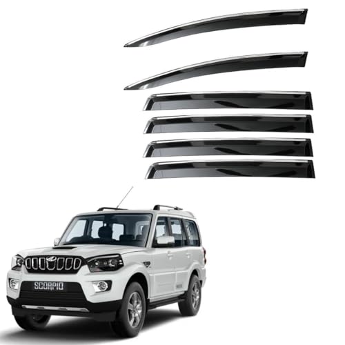 Image of CAR SAAZ Unbreakable Chrome Smoke Door Visor for Scorpio 2022| Premium Sun, Rain Wind Deflector Chrome Strip Side Door Rain Visor - Set of 6 Pcs