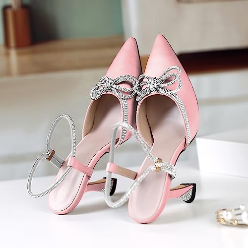 YODEKS Women's Rhinestone Bow Slingback Heels High Stiletto Heel Pumps 3.5 Inch Adjustable Ankle Strap Pointed Toe Flare Heel Satin Shoes4