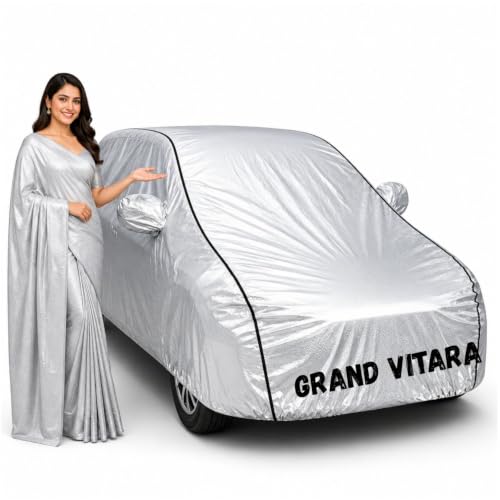 Image of Waterproof Car Body Cover for Grand Vitara All Weather Protection Comes with Inner Cotton Lining & Triple Stitched with Mirror & Antenna Pocket Belt & Elastic Fit Metallic Silver with Black Piping1