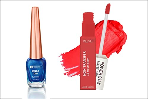 Image of Krayons Insta Dri Sparkling Eyeliner, Blue, 7ml And Power Stay Nontransfer 12hrs Stay Matte Liquid Lipstick, Burnt Orange, 4ml