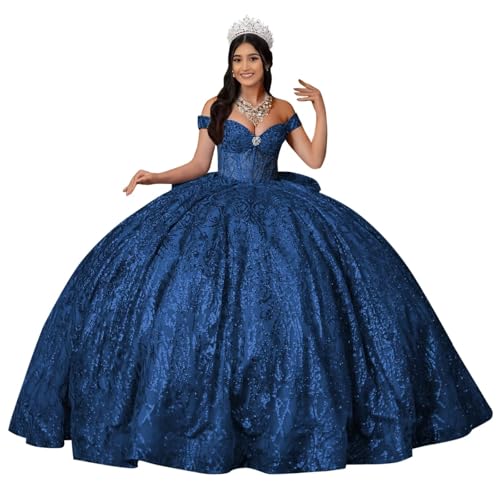 Sparkly Tulle Quinceanera Dresses Glitter Beaded Off Shoulder Sweet 16 Dresses Pleated Vestidos De 15 with Bow