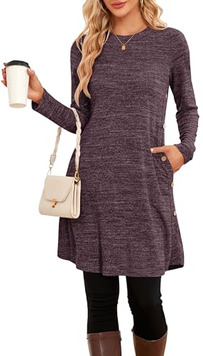 SENBATU Winter-Pullover-Kleider für Damen, Langarm, Kausale Knöpfe, seitliches Tunika-Kleid mit Taschen, mittel,Lila