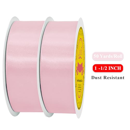 Image of 100 Yards Light Pink Satin Ribbon Polyester Ribbon for Gift Wrapping Very Suitable for Weddings Party Hair Bow Invitation Decorations and More(1-1 /2 inch X 50Yards X 2 Roll)