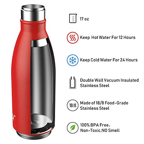 ICEWATER 3-in-1 Smart Stainless Steel Water Bottle(Glows to Remind You to Stay Hydrated)+Bluetooth Speaker,17 OZ,Stay Hydrated ,Enjoy Music(Red-Red)