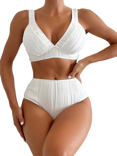 SweatyRocks Women's Textured V Neck Bikini High Waist Swimsuit Set Solid Two Piece Bathing Suit
