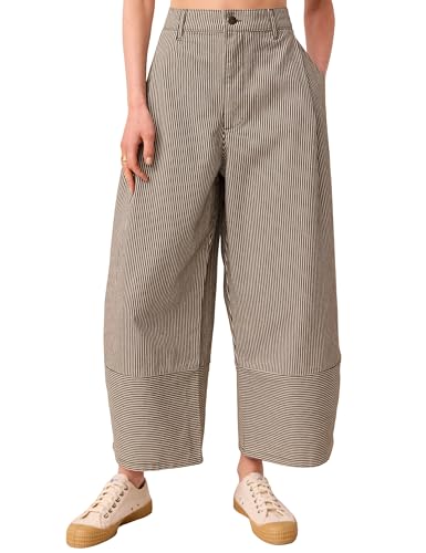 Womens Denim Barrel Pants Striped Elastic Waist Wide Leg Cropped Relax Fit Trousers with Pockets